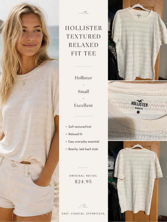 Hollister Tops - Hollister Women's Cream Textured Relaxed-Fit Short Sleeve Tee